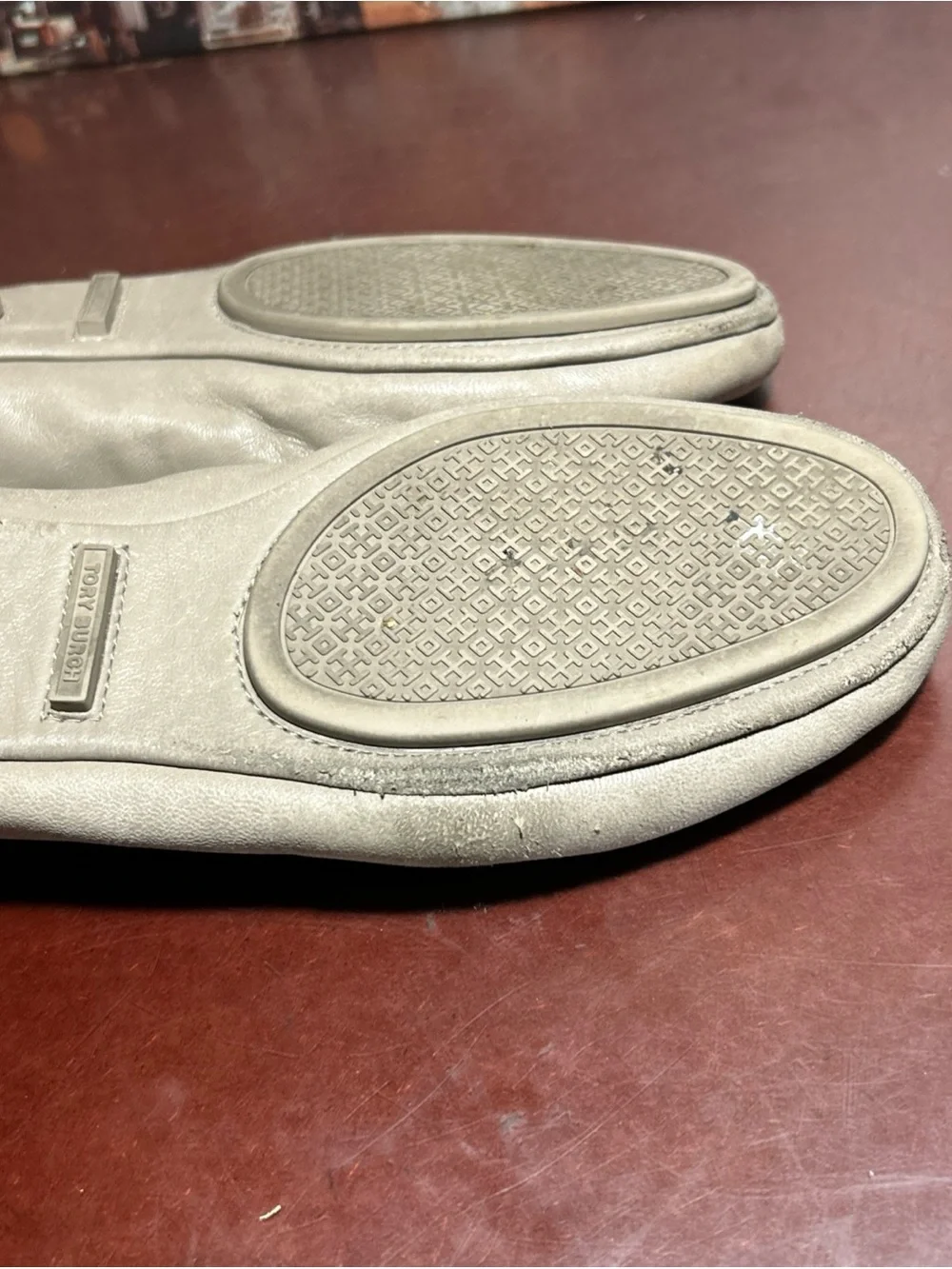 Tory Burch Neutral Taupe Logo Ballet Flats